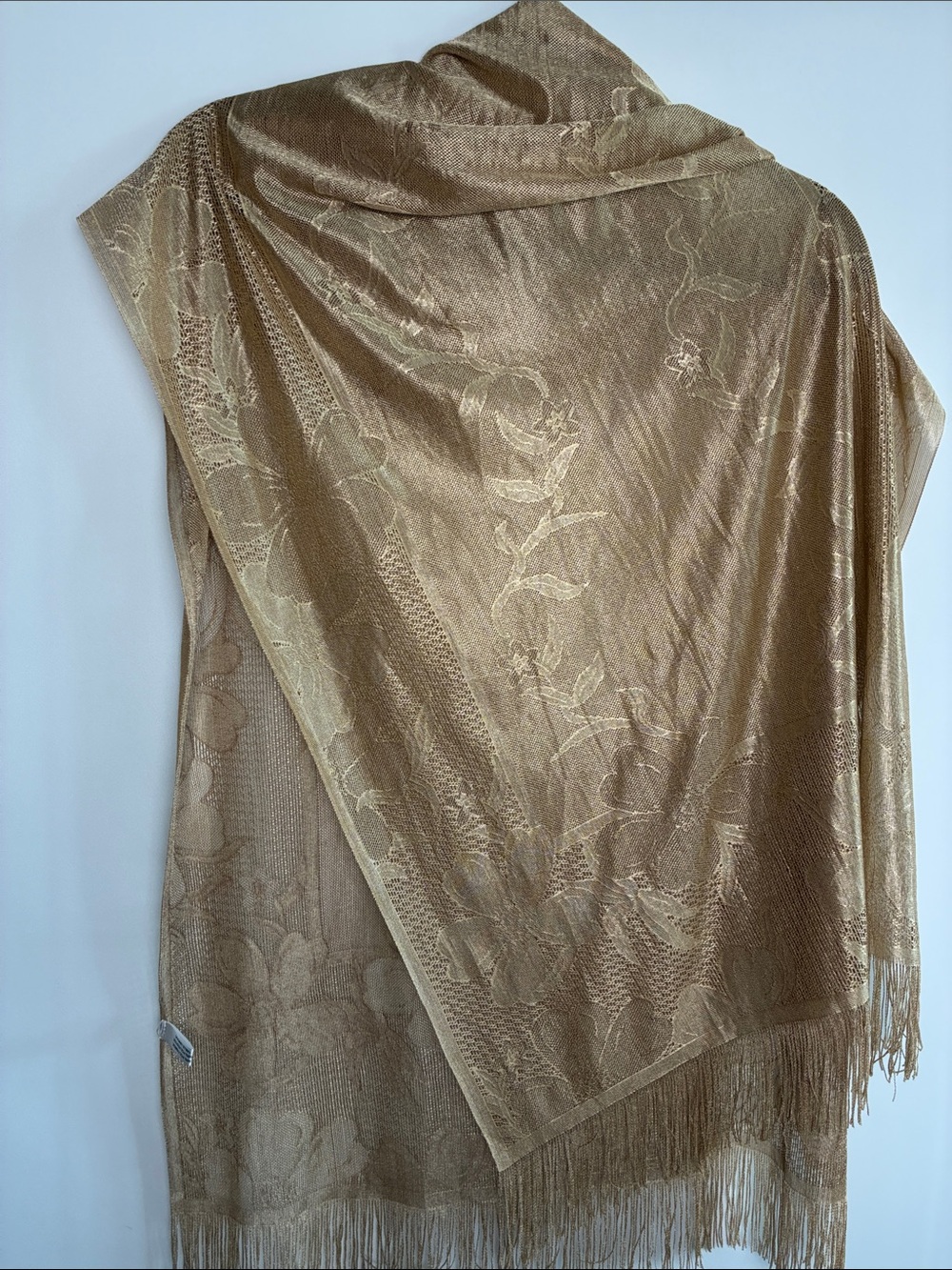 Beautiful Lace & Fringe Gold Tone Wrap Scarf